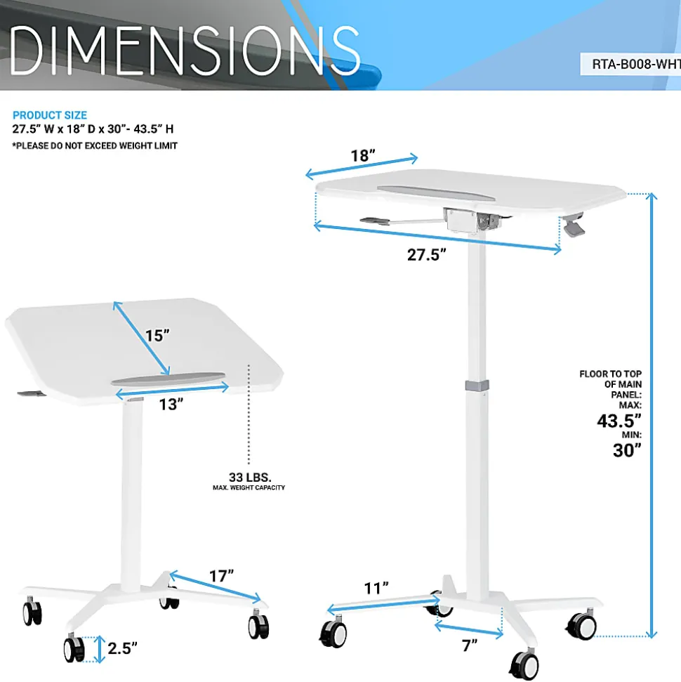 Techni Mobili 28”W Sit-to-Stand Mobile Adjustable Height Laptop Standing Desk, White, Total Qty 1