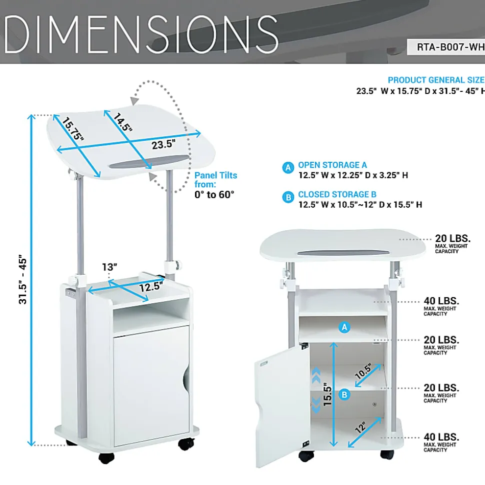 Techni Mobili 24”W Sit-to-Stand Rolling Adjustable Height Laptop Cart Standing Desk With Storage, White, Total Qty 1