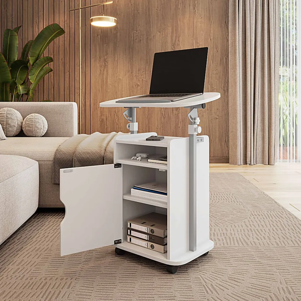 Techni Mobili 24”W Sit-to-Stand Rolling Adjustable Height Laptop Cart Standing Desk With Storage, White, Total Qty 1