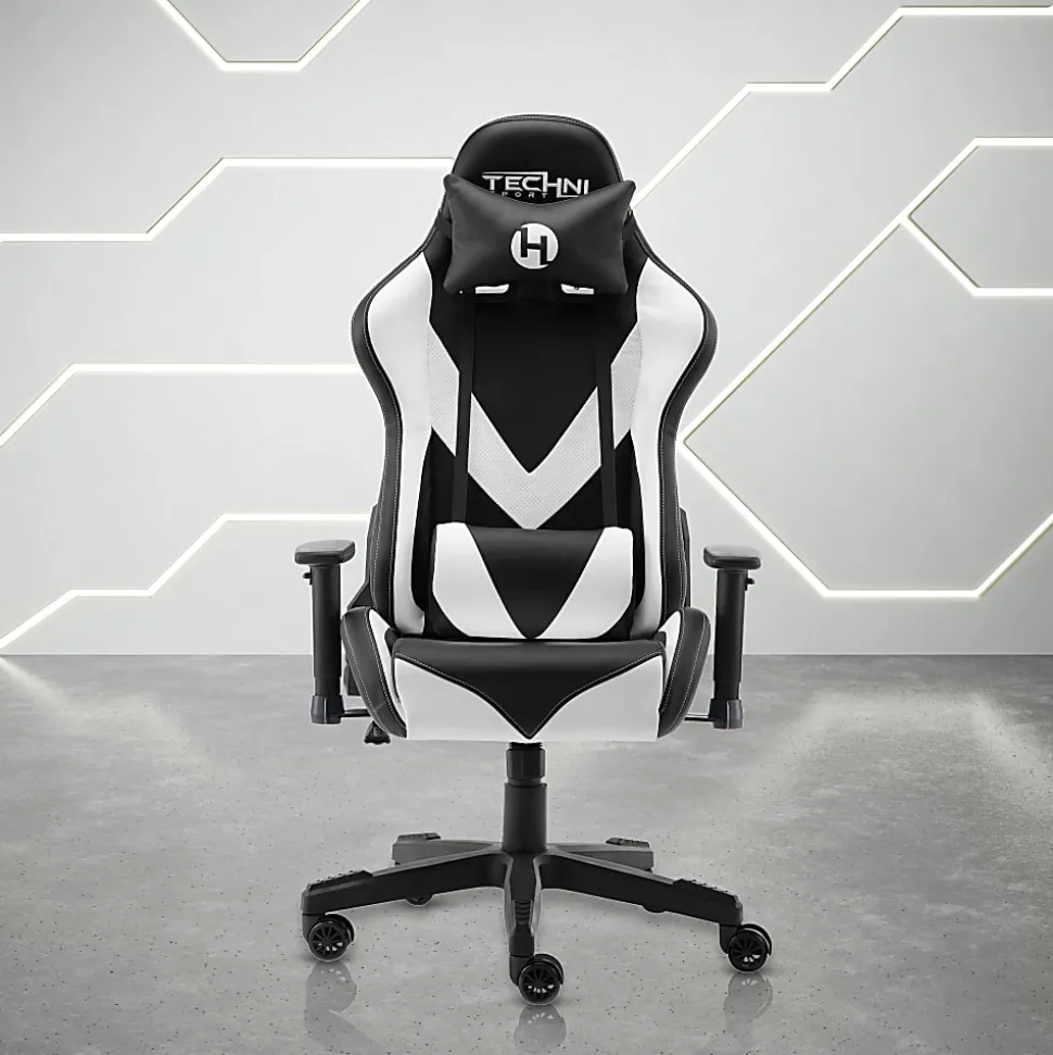 Techni Sport Ergonomic Faux Leather Computer Gaming Chair, White/Black