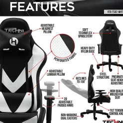 Techni Sport Ergonomic Faux Leather Computer Gaming Chair, White/Black