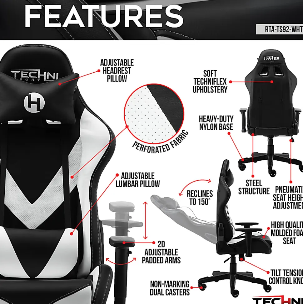 Techni Sport Ergonomic Faux Leather Computer Gaming Chair, White/Black