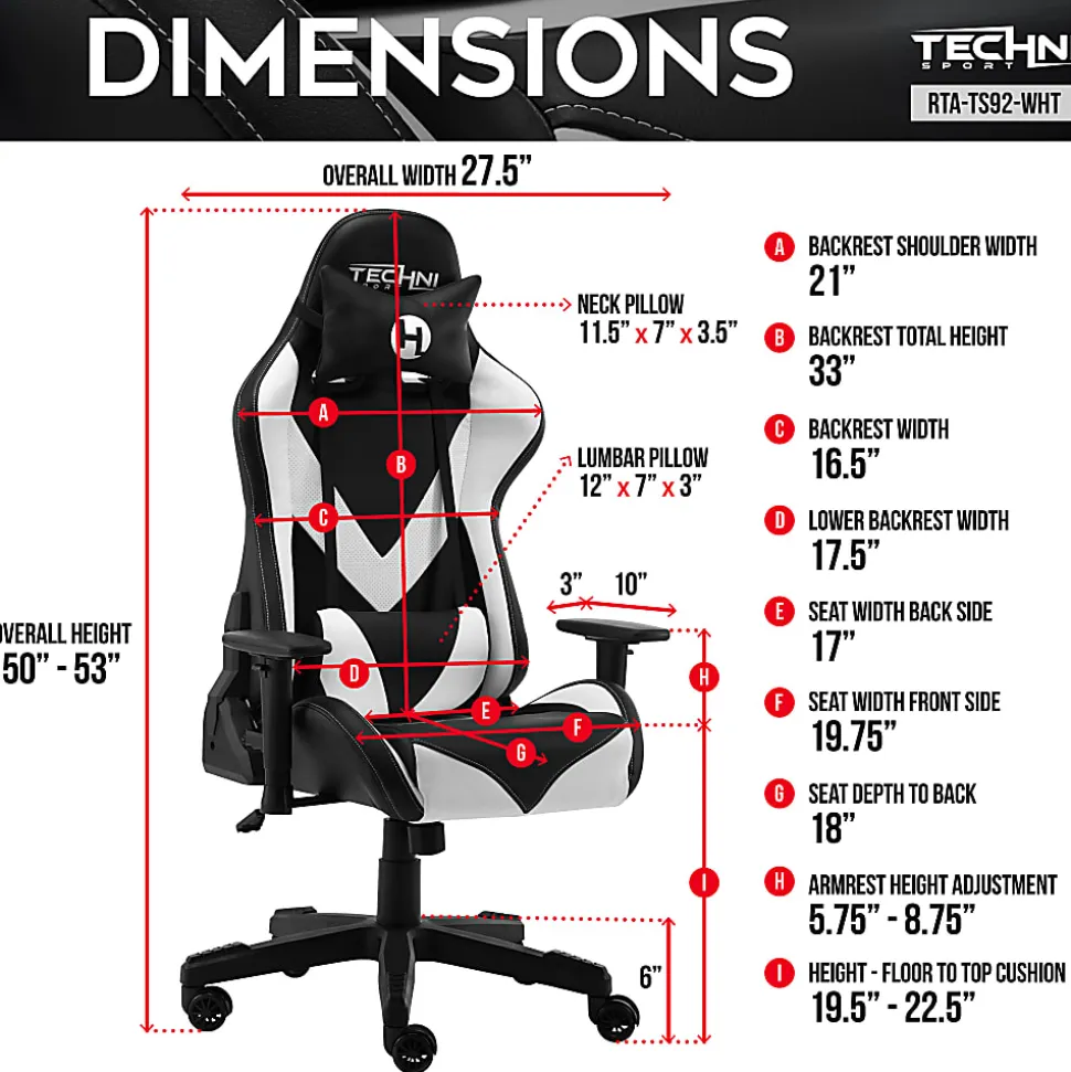 Techni Sport Ergonomic Faux Leather Computer Gaming Chair, White/Black