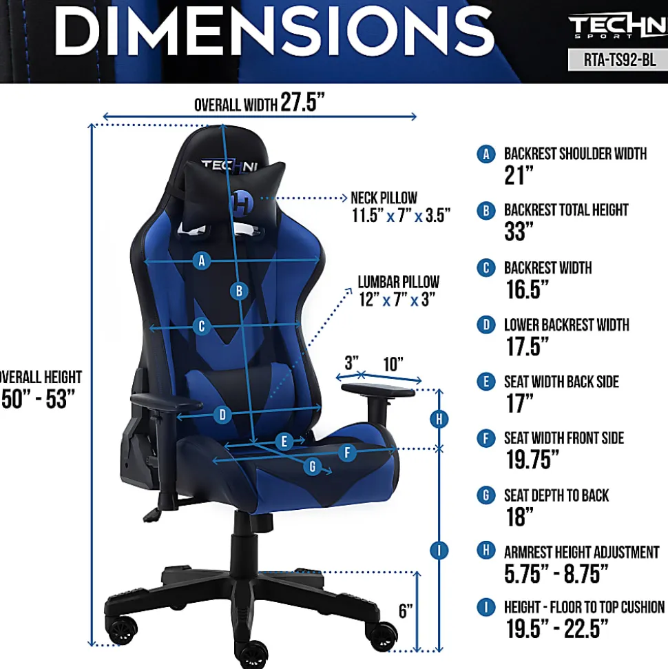 Techni Sport Ergonomic Faux Leather Computer Gaming Chair, Black/Blue