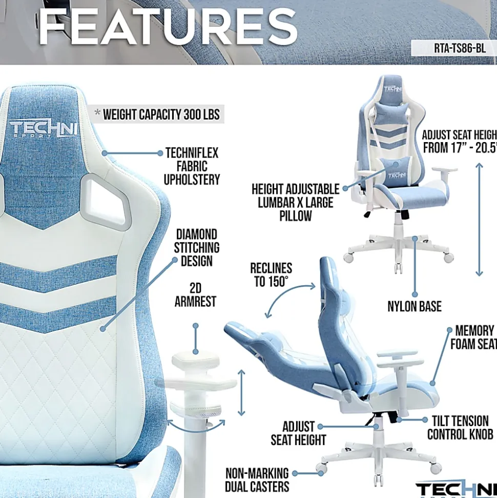 Techni Sport Pastel Series Ergonomic Faux Leather Computer Gaming Chair, Blue