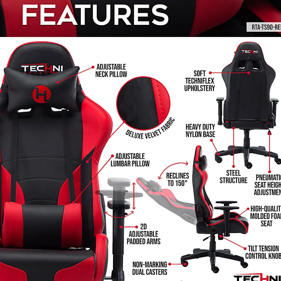 Techni Sport RTA-TS90-RED Ergonomic Faux Leather Computer Gaming Chair