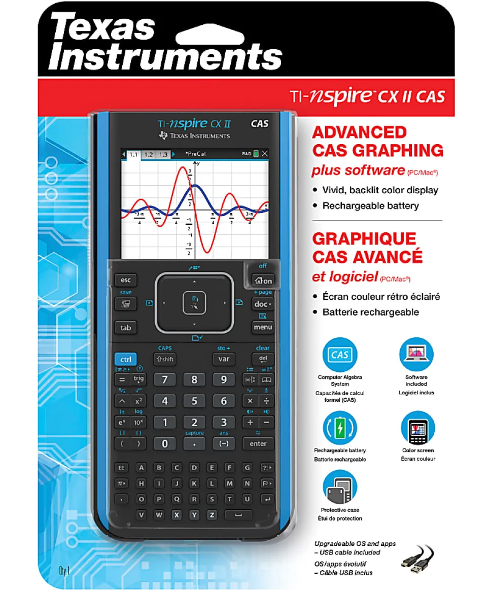 Texas Instruments Nspire CX II CAS Graphing Calculator - Rechargeable, Computer Algebra System (CAS) - Battery Powered - 2"x7.3"x11.8" - Gray