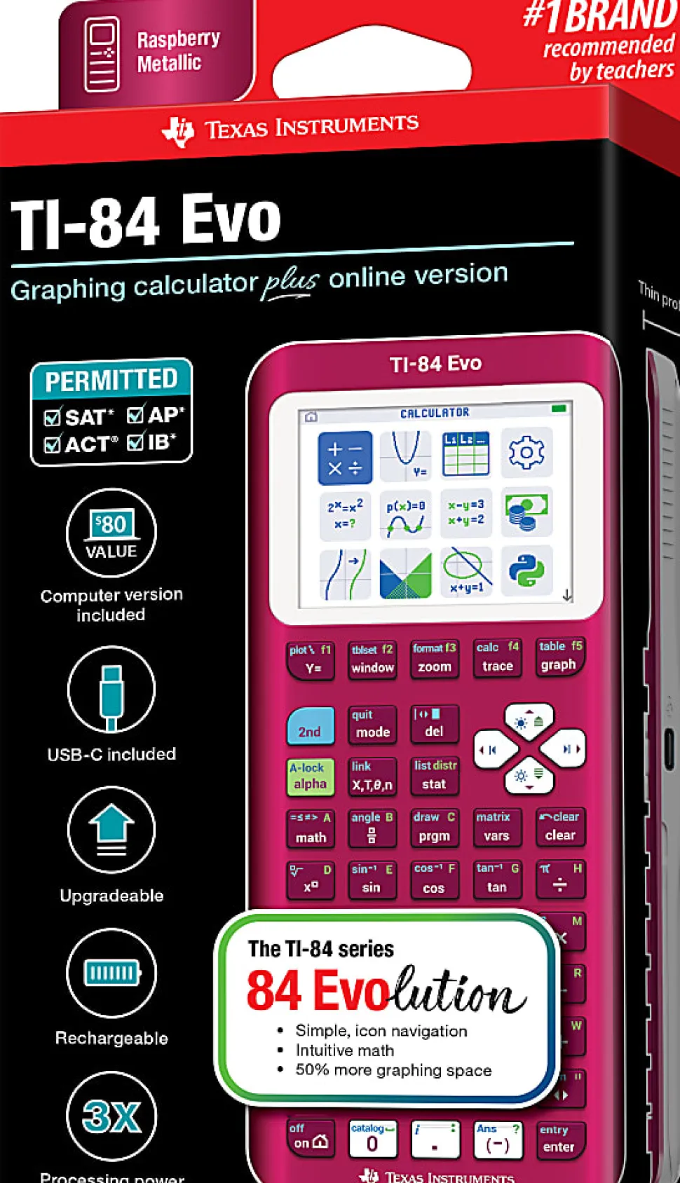 Texas Instruments TI-84 Evo Graphing Calculator, Raspberry Metallic, Total Qty 1