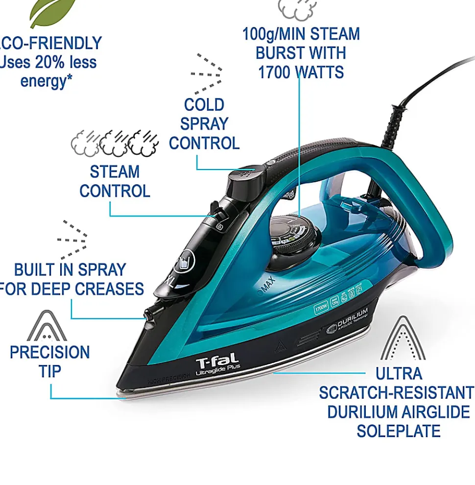 T-Fal Ultraglide Plus Steam & Garment Iron With Durilium Soleplate, Blue