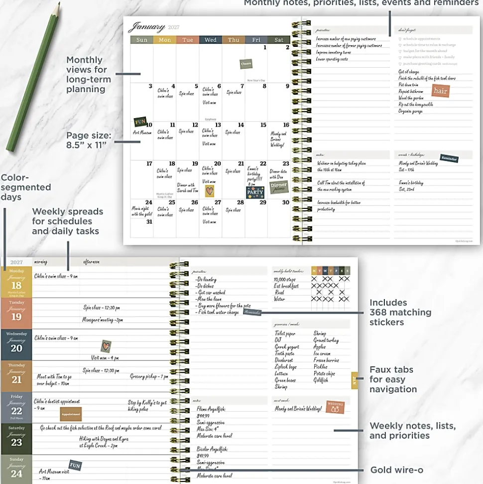 2026-2027, TF Publishing Repeated Posies Medium Weekly Monthly Planner, 8" x 6.5", July 2026 to June 2027