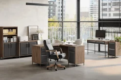 Thomasville® Alderbrook 60"W L-Shaped Corner Desk With Integrated Power Outlet, Walnut/Matte Black