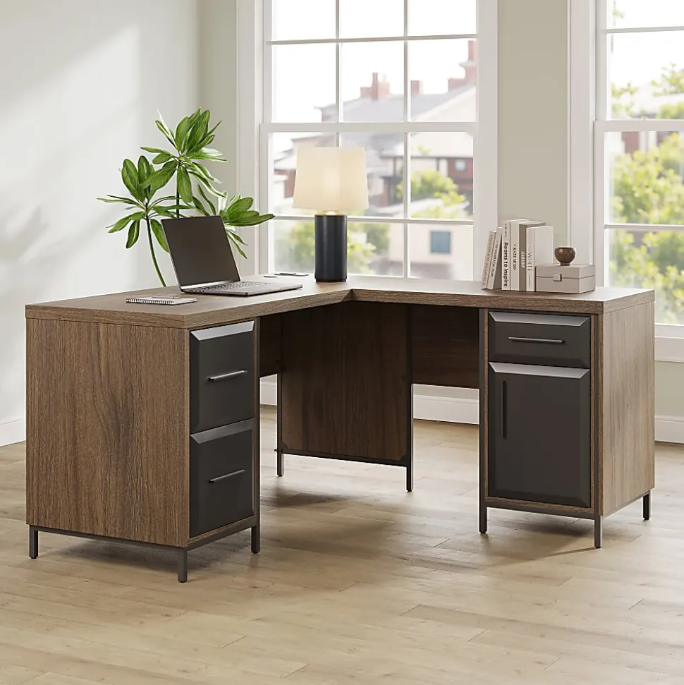 Thomasville® Alderbrook 60"W L-Shaped Corner Desk With Integrated Power Outlet, Walnut/Matte Black