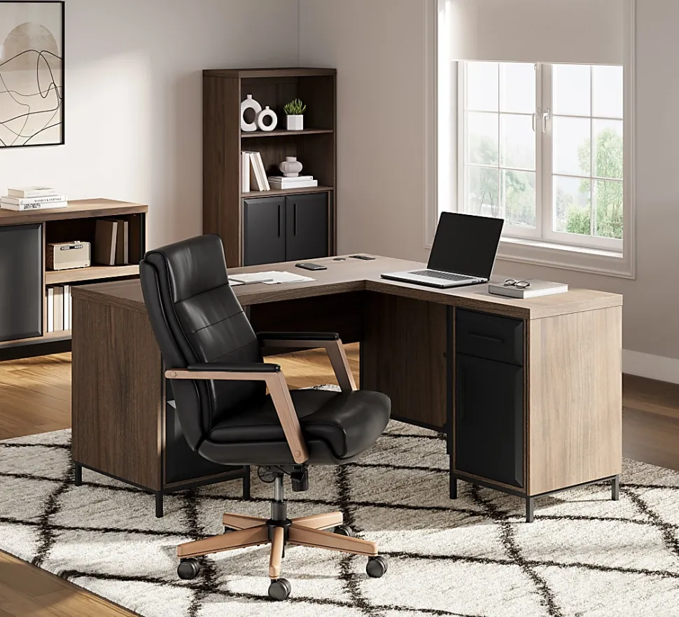 Thomasville® Alderbrook 60"W L-Shaped Corner Desk With Integrated Power Outlet, Walnut/Matte Black