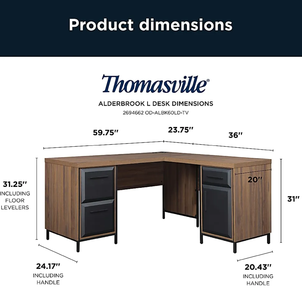 Thomasville® Alderbrook 60"W L-Shaped Corner Desk With Integrated Power Outlet, Walnut/Matte Black