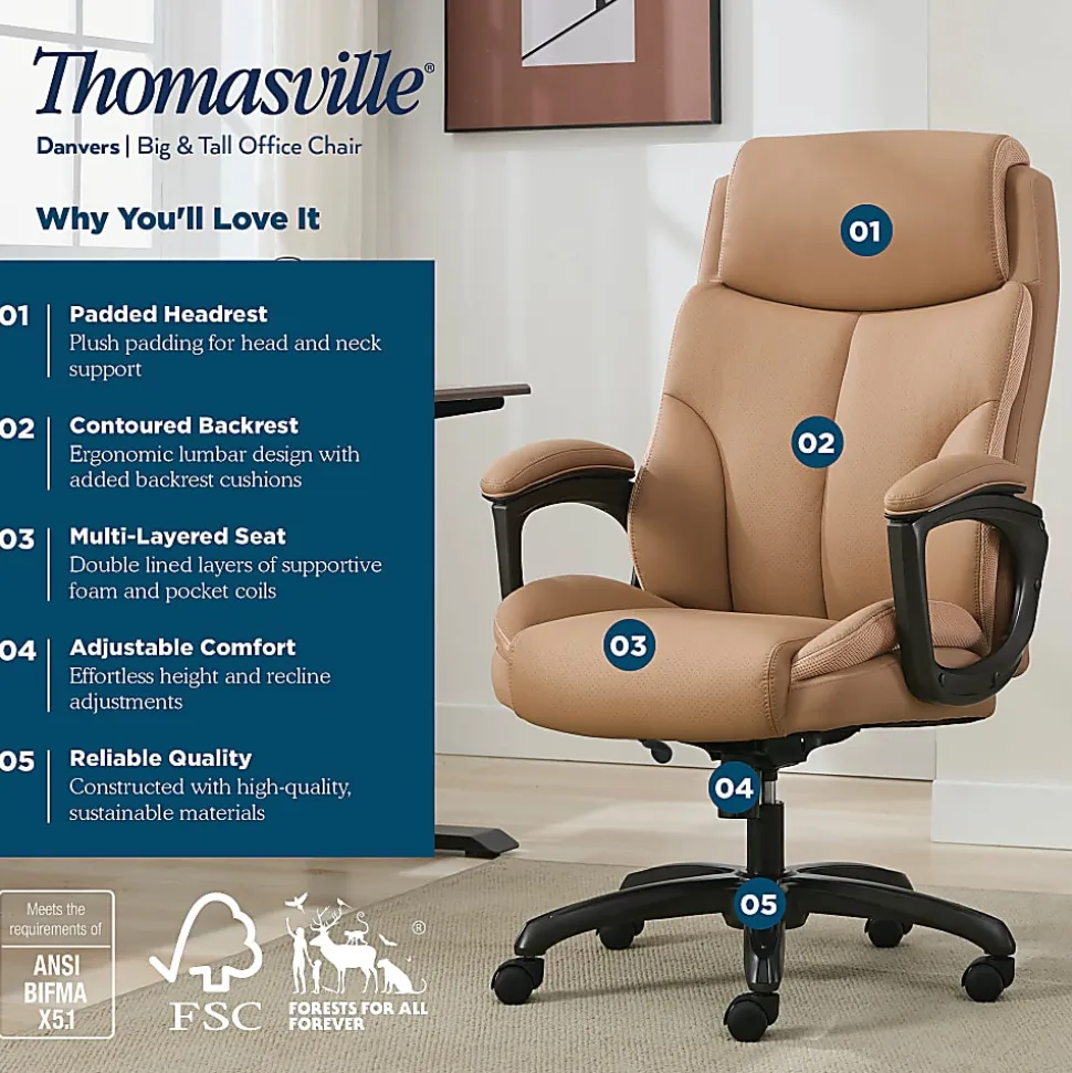 Thomasville® Danvers Ergonomic High-Back Faux Leather Big & Tall Executive Office Chair, Tan