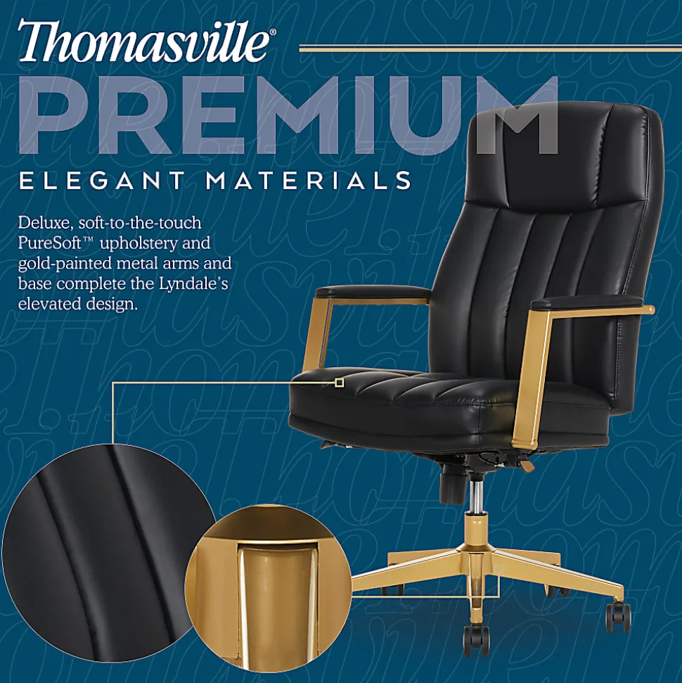 Thomasville® Lyndale Ergonomic Vegan Leather Mid-Back Office Chair, Black/Gold