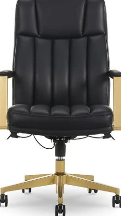 Thomasville® Lyndale Ergonomic Vegan Leather Mid-Back Office Chair, Black/Gold