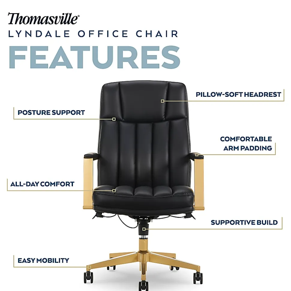 Thomasville® Lyndale Ergonomic Vegan Leather Mid-Back Office Chair, Black/Gold