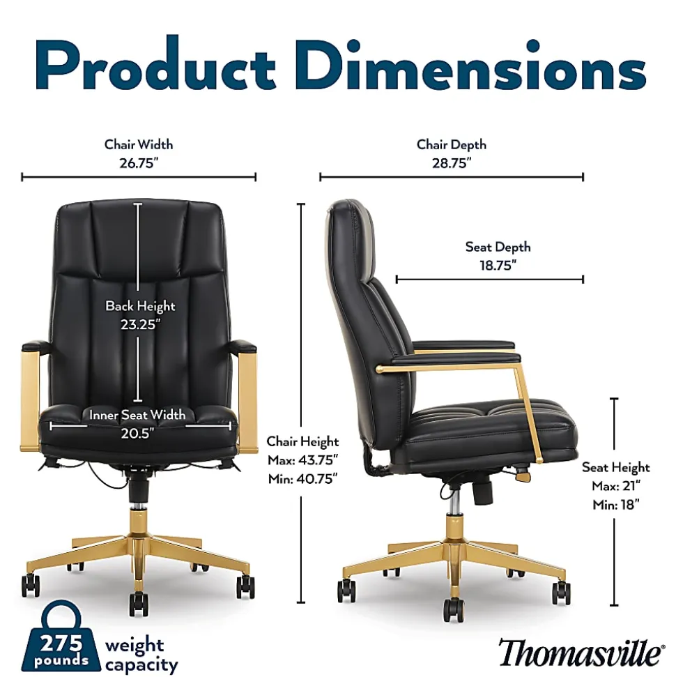 Thomasville® Lyndale Ergonomic Vegan Leather Mid-Back Office Chair, Black/Gold
