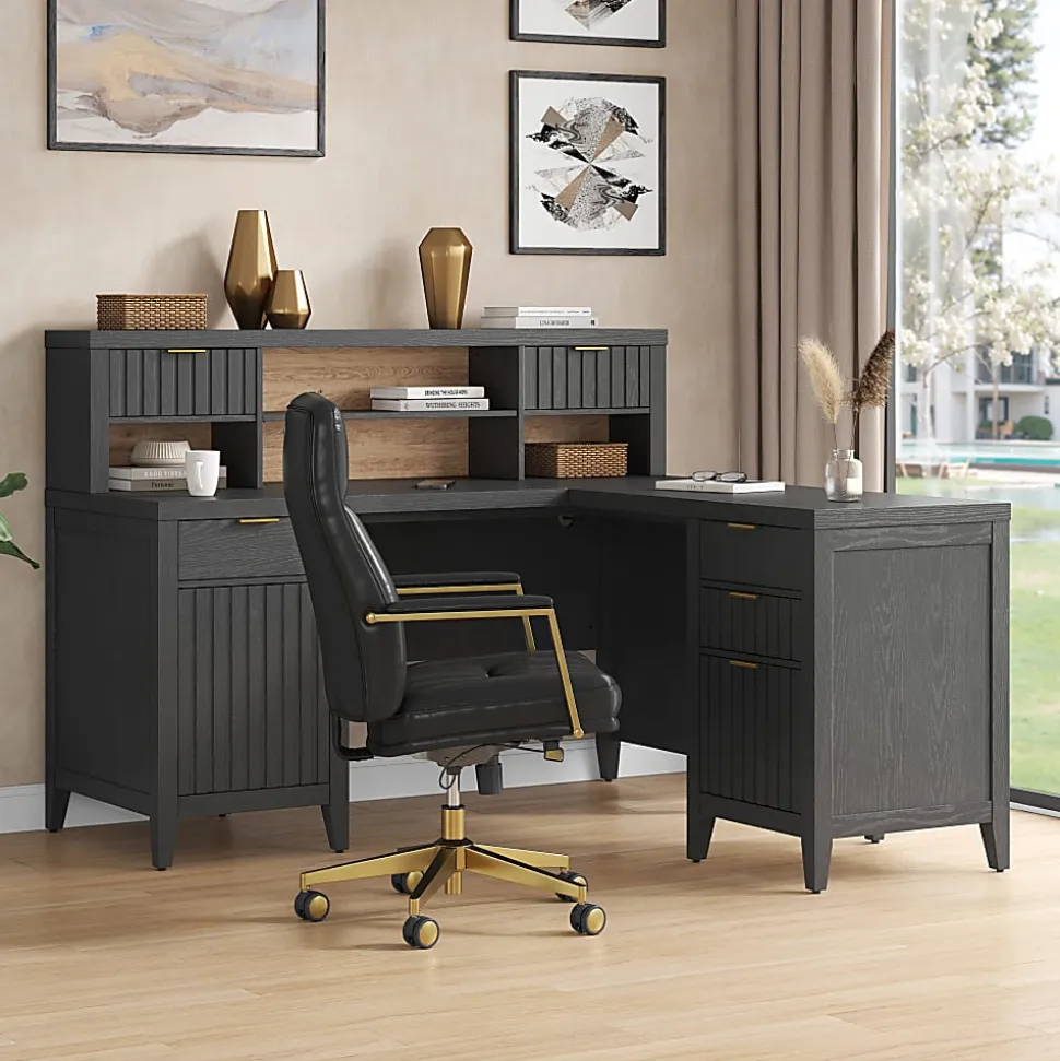 Thomasville® Rivington 60"W L-Shaped Corner Desk & Hutch With Integrated Power Outlet, Raven Black