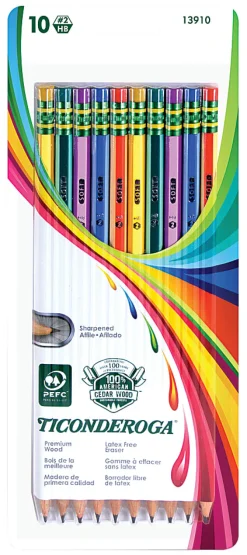 Ticonderoga® Striped Wood Pencils, #2 Soft Lead, Pre-sharpened, Assorted Colors, Pack Of 10