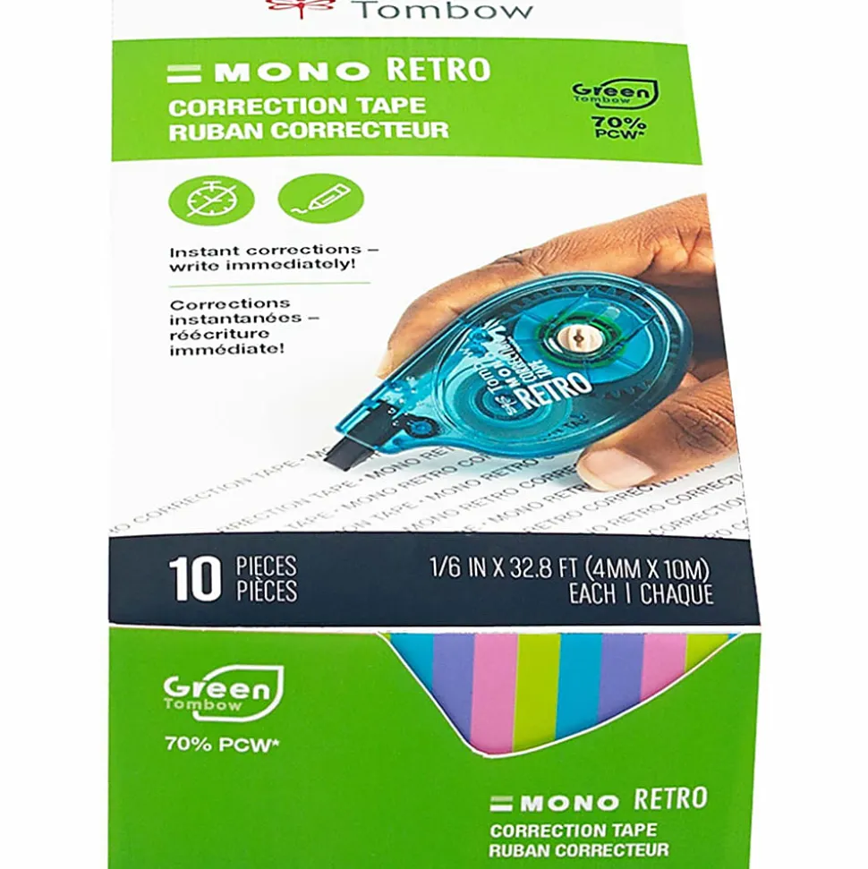 Tombow® Mono® Correction Tape In Retro Colors, Single Line, 394", Blue/Purple/Pink/Green, Pack Of 10