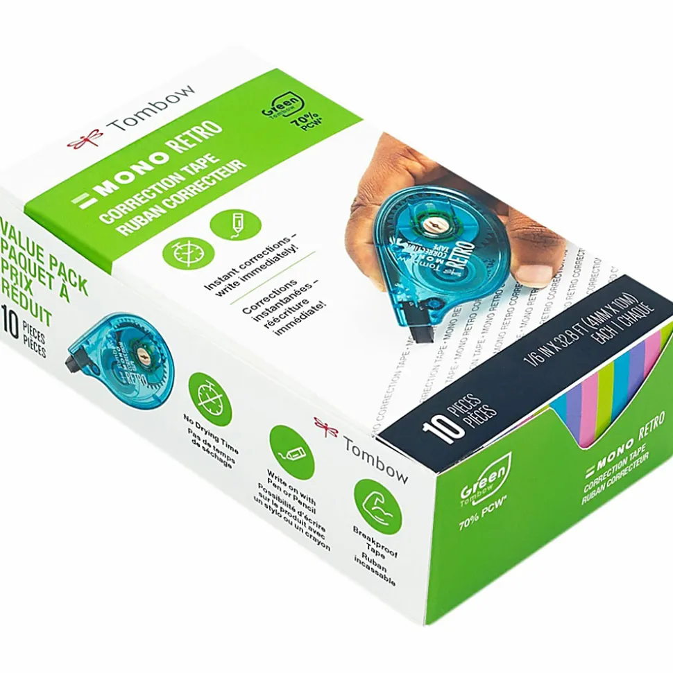 Tombow® Mono® Correction Tape In Retro Colors, Single Line, 394", Blue/Purple/Pink/Green, Pack Of 10