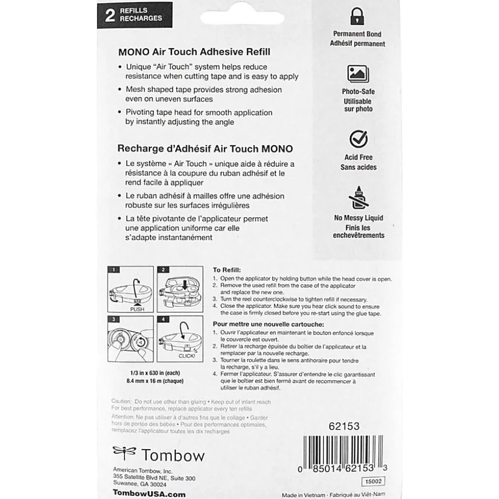 Tombow Refill 2-Pack, MONO Air Touch Adhesive - 17.50 yd Length x 0.33" Width - White - 2 / Pack