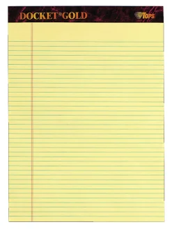 TOPS™ Docket™ Gold Perforated Writing Pads, 8 1/2" x 11 3/4", Narrow Ruled, 50 Sheets, Canary, Pack Of 6 Pads