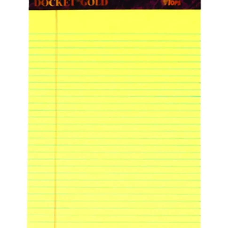 TOPS™ Docket™ Gold Perforated Writing Pads, 8 1/2" x 11 3/4", Narrow Ruled, 50 Sheets, Canary, Pack Of 6 Pads