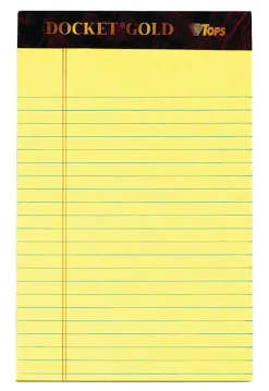 TOPS™ Docket Gold™ Premium Writing Pads, 5" x 8", Jr. Legal Rule, Canary, 50 Sheets Per Pad, Pack Of 6 Pads