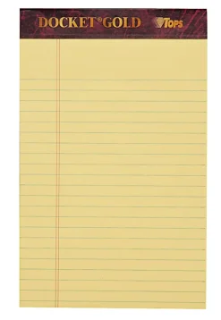 TOPS™ Docket Gold™ Premium Writing Pads, 5" x 8", Jr. Legal Rule, Canary, 50 Sheets Per Pad, Pack Of 6 Pads