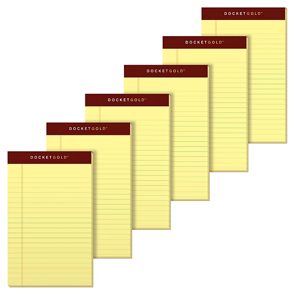 TOPS™ Docket Gold™ Premium Writing Pads, 5" x 8", Jr. Legal Rule, Canary, 50 Sheets Per Pad, Pack Of 6 Pads