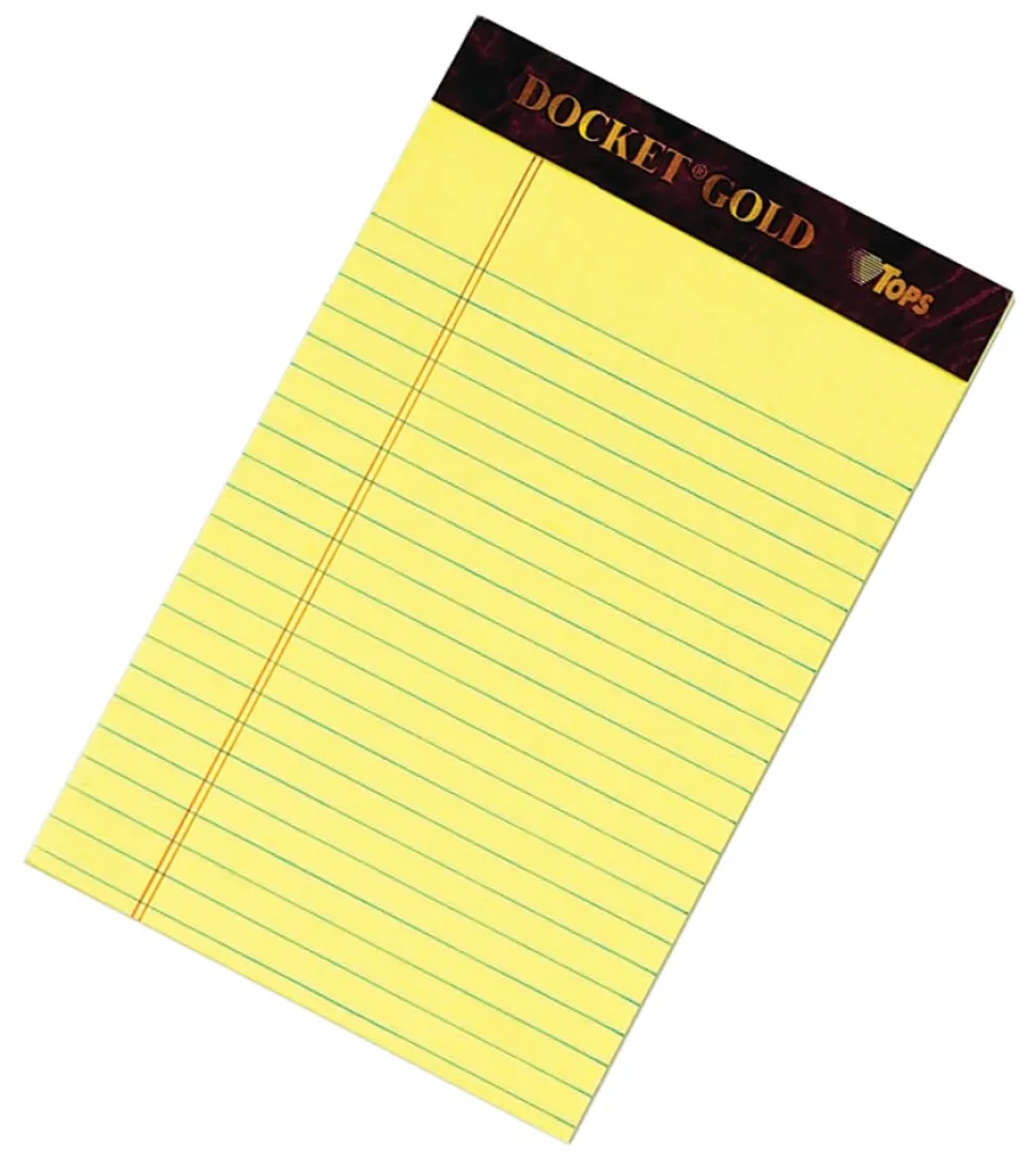 TOPS™ Docket Gold™ Premium Writing Pads, 5" x 8", Jr. Legal Rule, Canary, 50 Sheets Per Pad, Pack Of 6 Pads