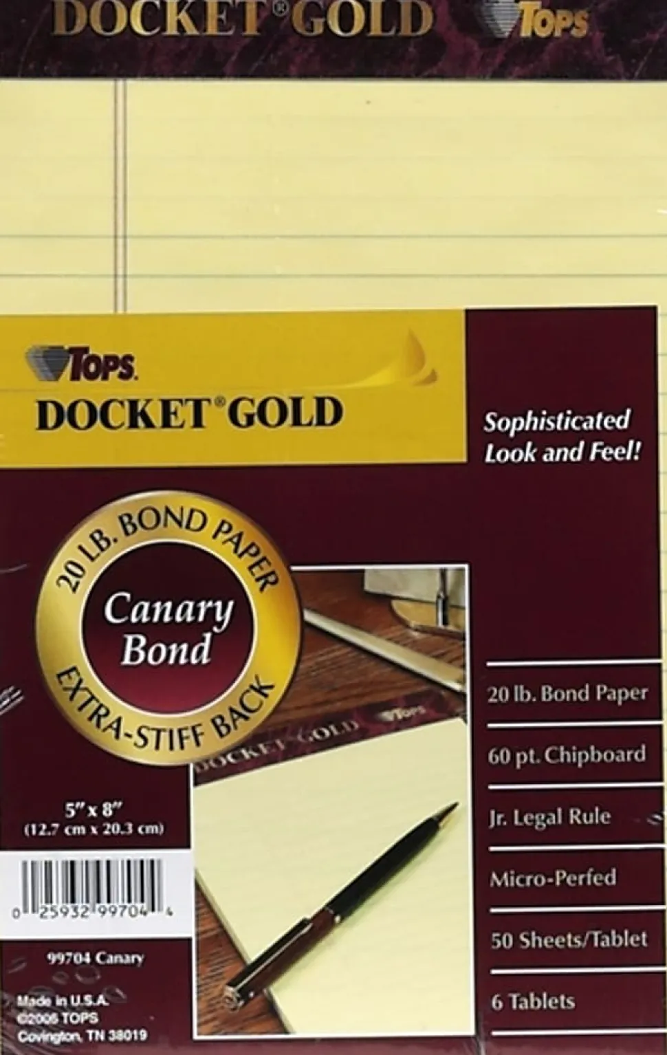 TOPS™ Docket Gold™ Premium Writing Pads, 5" x 8", Jr. Legal Rule, Canary, 50 Sheets Per Pad, Pack Of 6 Pads