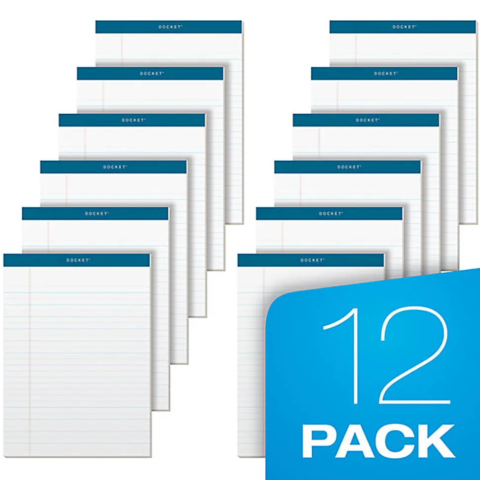 TOPS™ Docket™ Writing Pads, 8 1/2" x 11 3/4", Legal Ruled, 50 Sheets Per Pad, White, Pack Of 12 Pads
