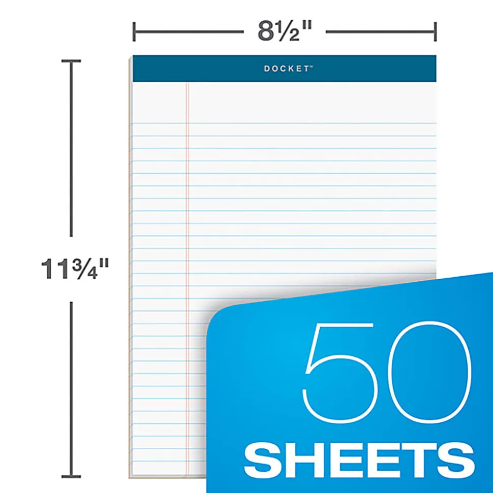 TOPS™ Docket™ Writing Pads, 8 1/2" x 11 3/4", Legal Ruled, 50 Sheets Per Pad, White, Pack Of 12 Pads