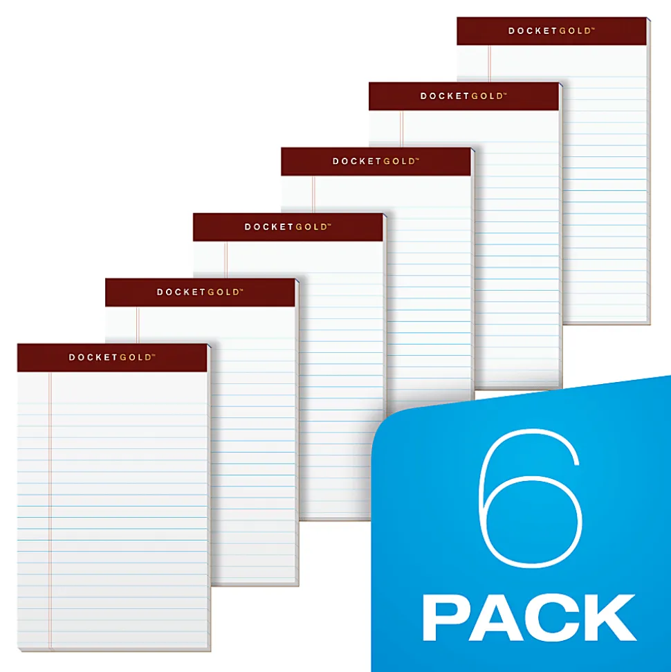 TOPS™ Docket™ Writing Tablet, 5" x 8", Jr. Legal Rule, White, 50 Sheets Per Pad, Pack Of 6 Pads