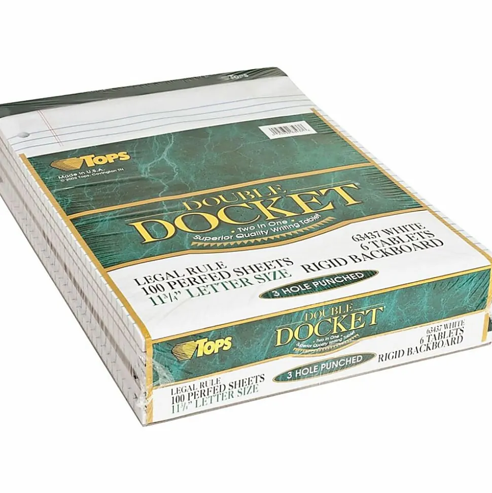 TOPS™ Double Docket™ Writing Pads, 3-Hole Punched, 8 1/2" x 11 3/4", Legal Ruled, 100 Sheets, White, Pack Of 6 Pads