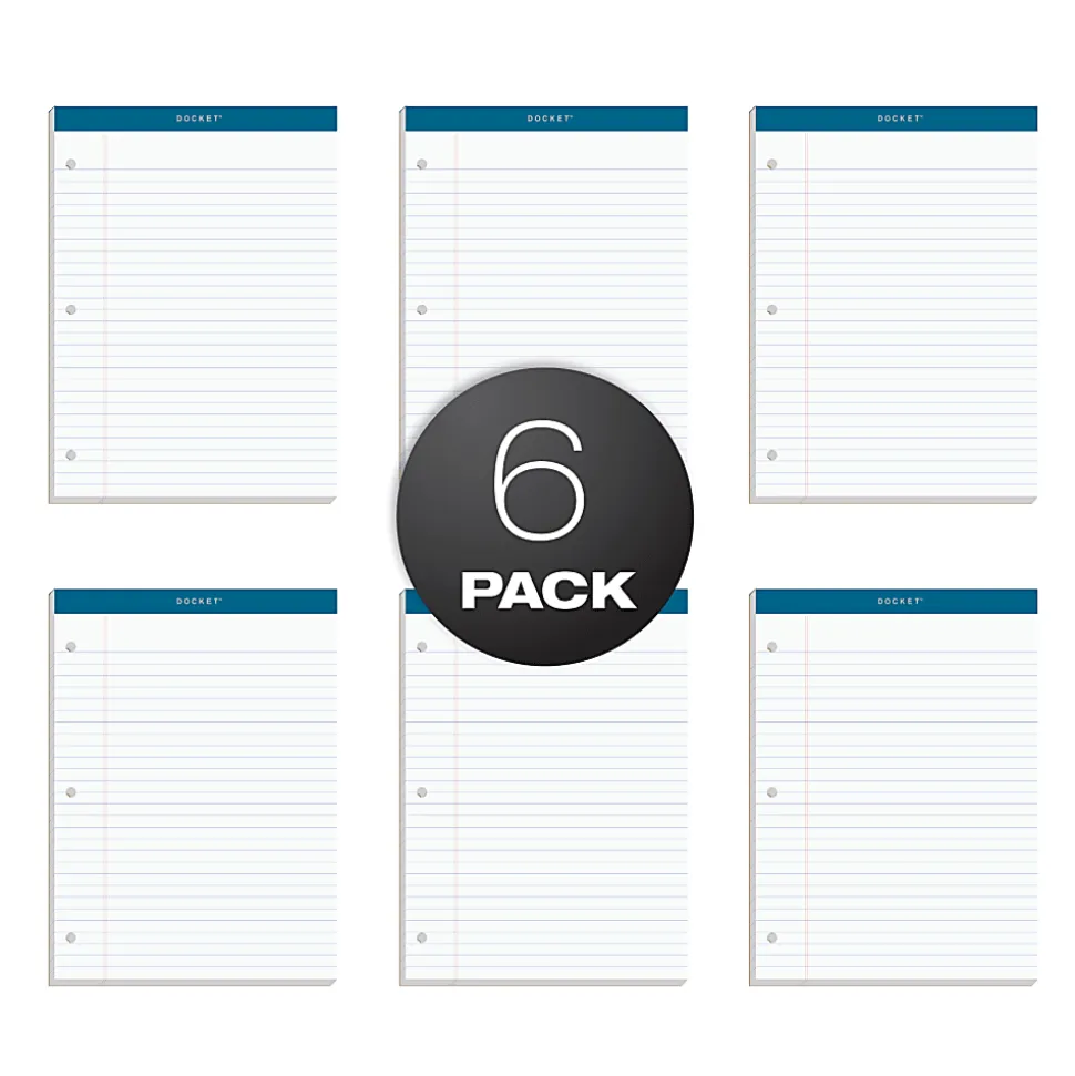 TOPS™ Double Docket™ Writing Pads, 3-Hole Punched, 8 1/2" x 11 3/4", Legal Ruled, 100 Sheets, White, Pack Of 6 Pads