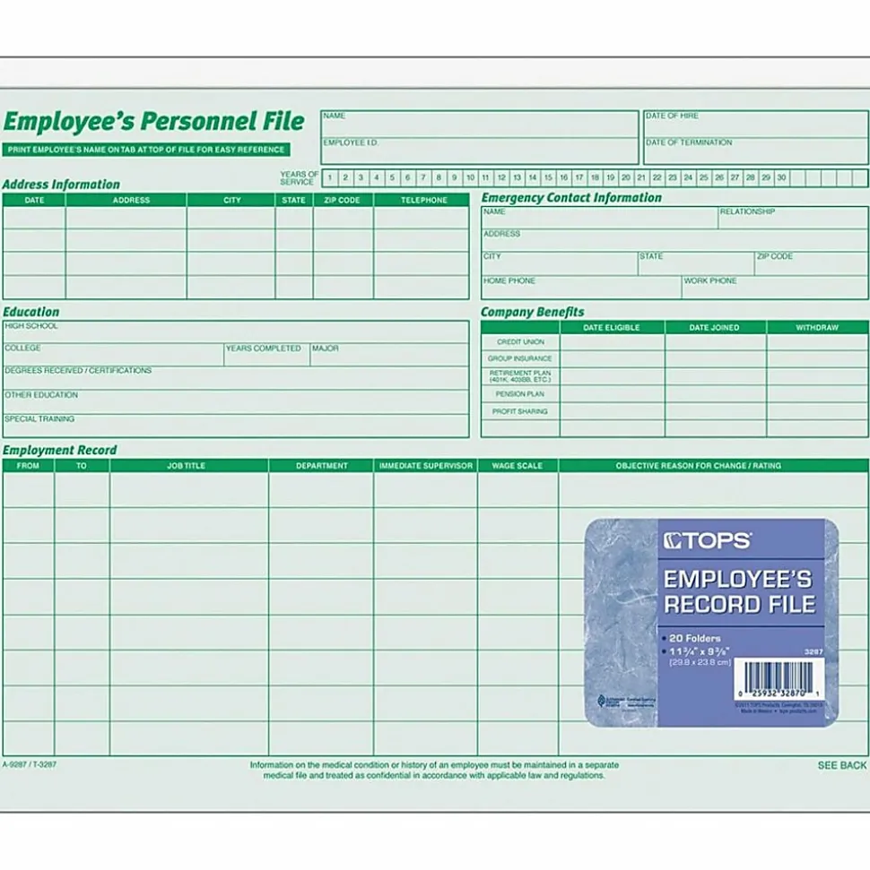 TOPS® Employee Record File Folders, 11 3/4" x 9 1/2", Green, Pack Of 20