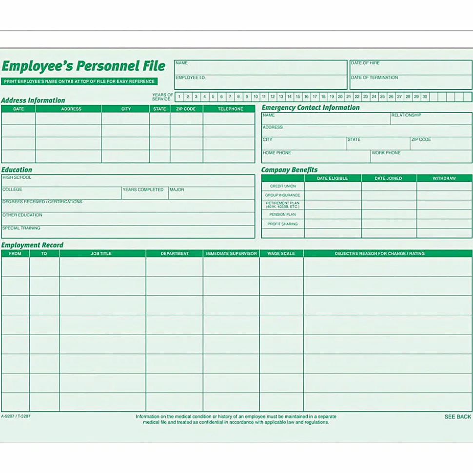 TOPS® Employee Record File Folders, 11 3/4" x 9 1/2", Green, Pack Of 20