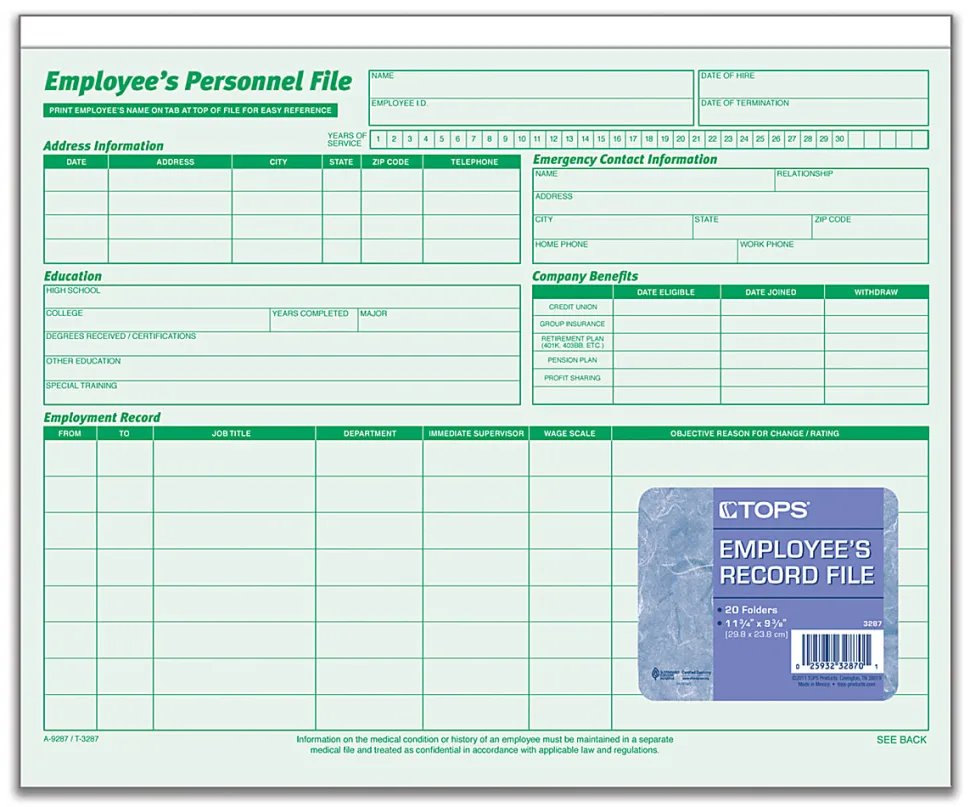 TOPS® Employee Record File Folders, 11 3/4" x 9 1/2", Green, Pack Of 20