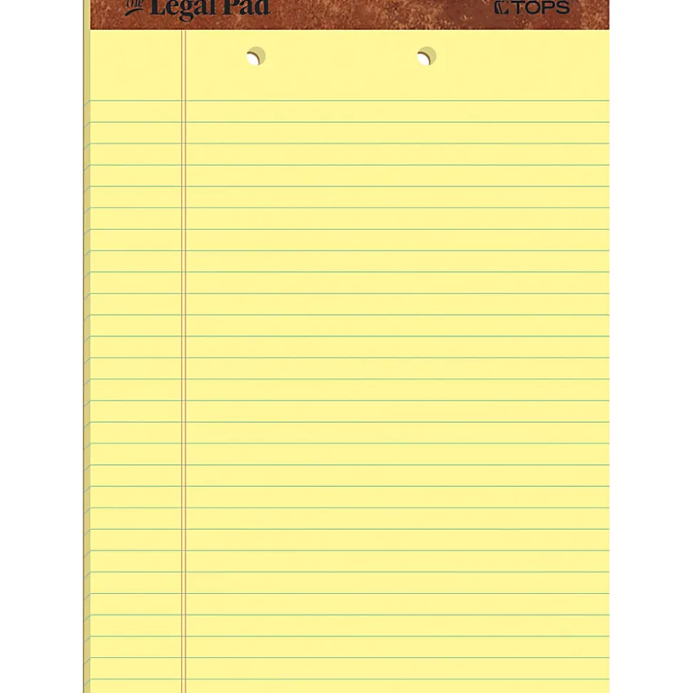 TOPS™ 2-Hole Punched Perforated Writing Pads, 8 1/2" x 11 3/4", Legal Ruled, 50 Sheets, Canary, Pack Of 12 Pads