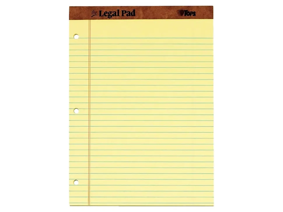 TOPS™ 3-Hole Punched Perforated Writing Pads, 8 1/2" x 11 3/4", Legal Ruled, 50 Sheets, Canary, Pack Of 12 Pads