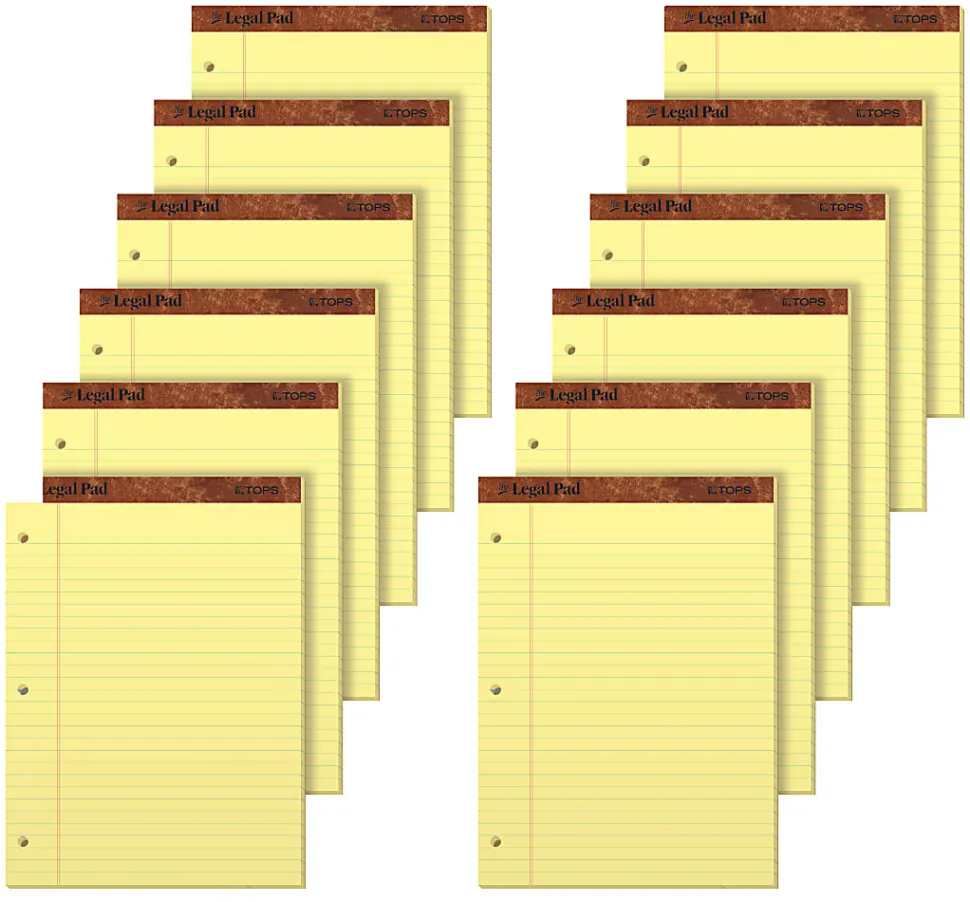 TOPS™ 3-Hole Punched Perforated Writing Pads, 8 1/2" x 11 3/4", Legal Ruled, 50 Sheets, Canary, Pack Of 12 Pads