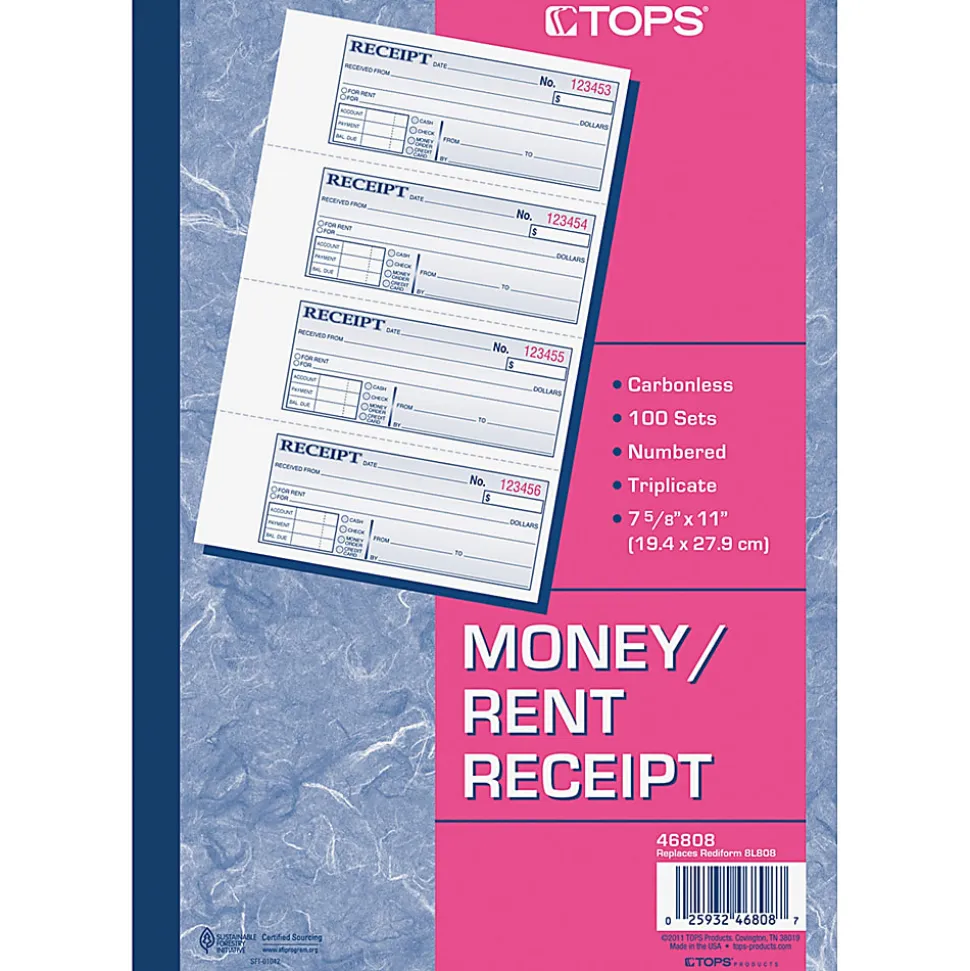 TOPS™ Manifold Receipt Book, 3-Part, 7 5/8" x 11", White/Canary/Pink