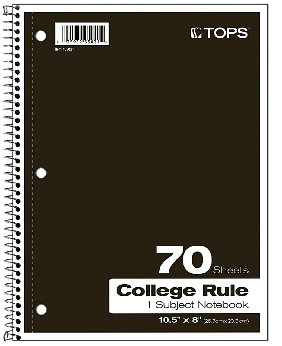 TOPS® Notebook, 8" x 10 1/2", 1-Subject, College Ruled, 140 Pages (70 Sheets), Assorted Colors