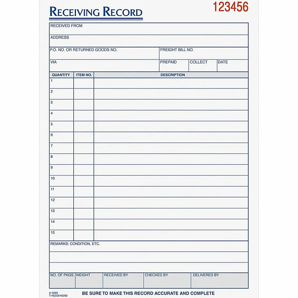 Tops Receiving Record Book, 5 1/2" x 7 7/8", 3-Part, White/Canary/Pink, Set Of 50