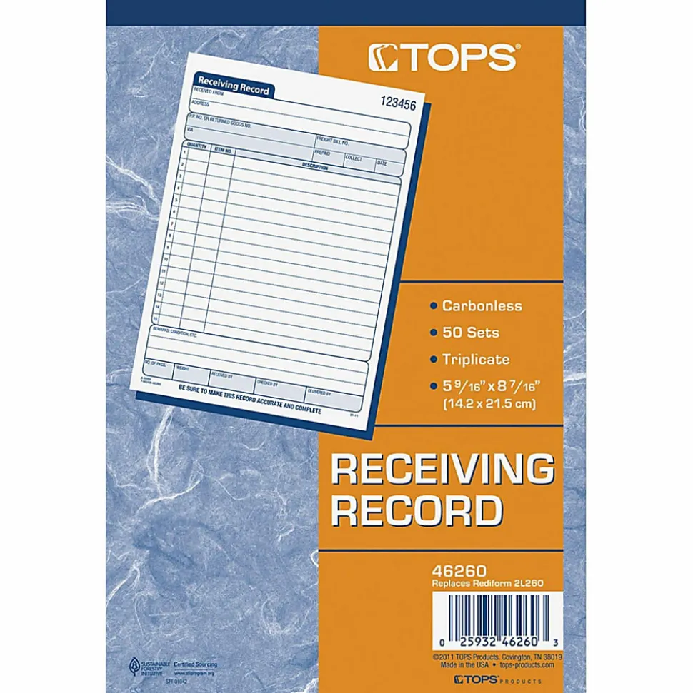 Tops Receiving Record Book, 5 1/2" x 7 7/8", 3-Part, White/Canary/Pink, Set Of 50